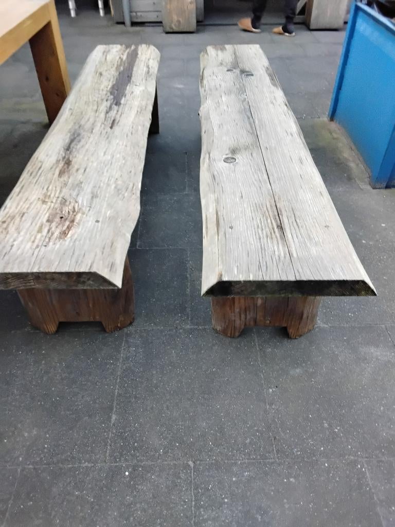 Twee robuuste boomstam tuinbanken, Tuin en Terras, Ophalen, Gebruikt, Hout