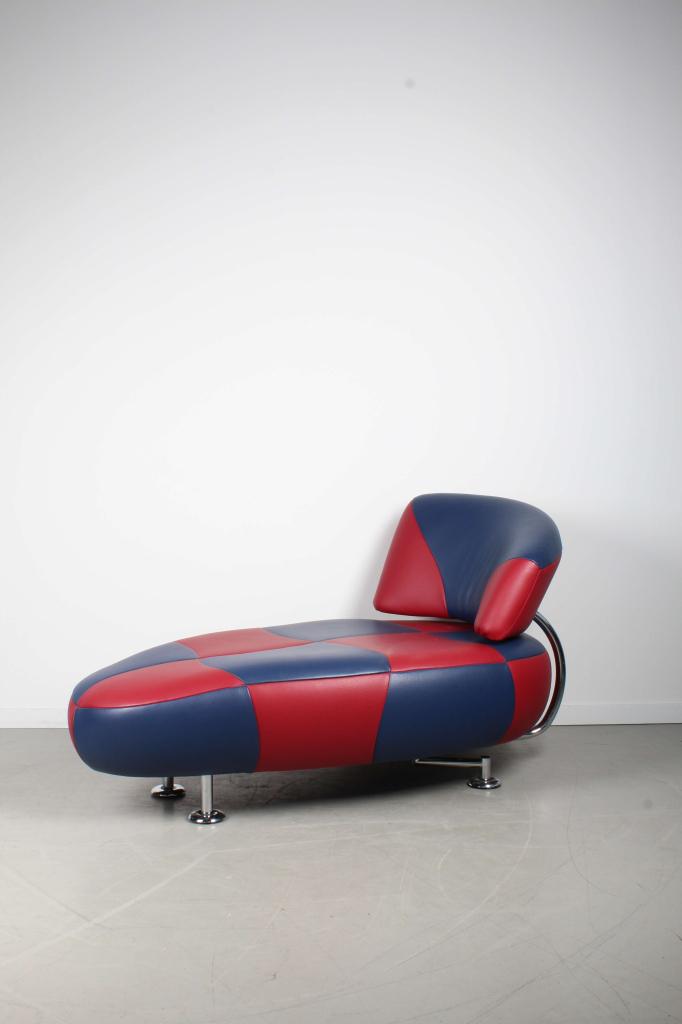1x Leolux Kikko Chaise Longue Blauw/Rood Leer – Chroom, Niet ingevuld, Niet ingevuld, Ophalen of Verzenden, Zo goed als nieuw