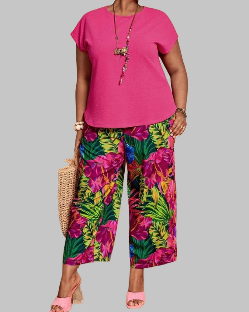 Zomerse bloemenprint culotte met roze top (46-54), Verzenden, Nieuw, Roze, Broek of Spijkerbroek