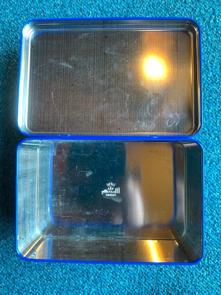 Vintage Massilly blik crêpes - Blauw met zonnedesign, Verzamelen, Ophalen of Verzenden, Gebruikt, Koek(jes), Overige merken