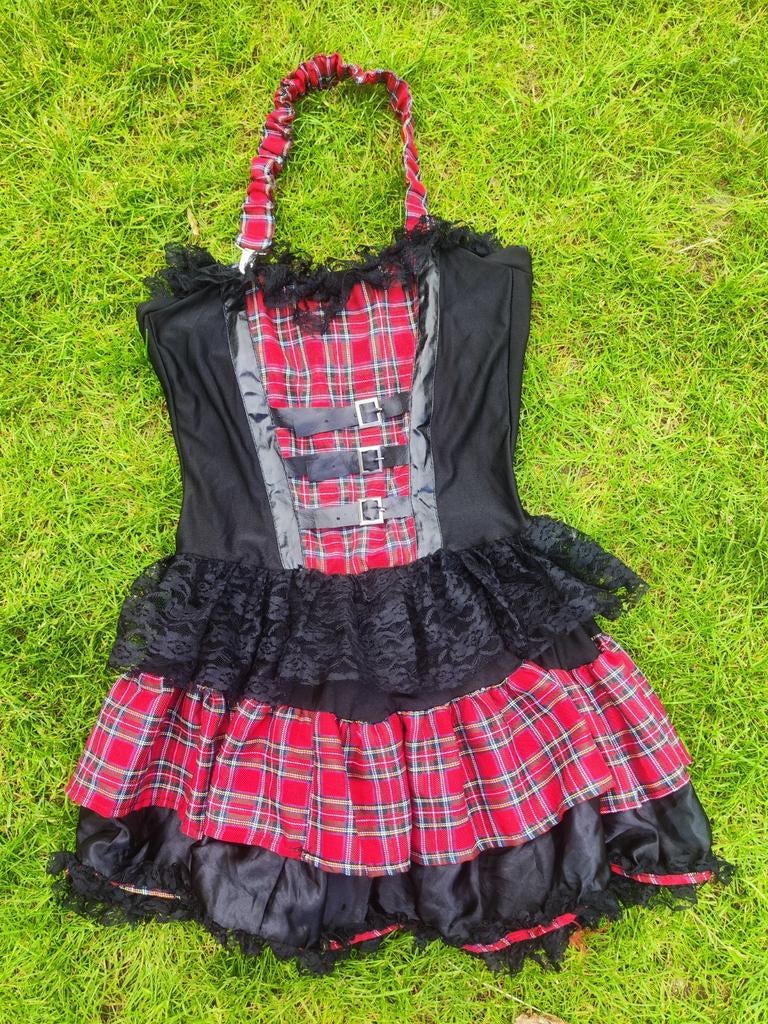 Rood geruite jurk met gespen en kant maat 36/38, Kleding | Dames, Carnaval, Ophalen of Verzenden, Zo goed als nieuw, Kleding