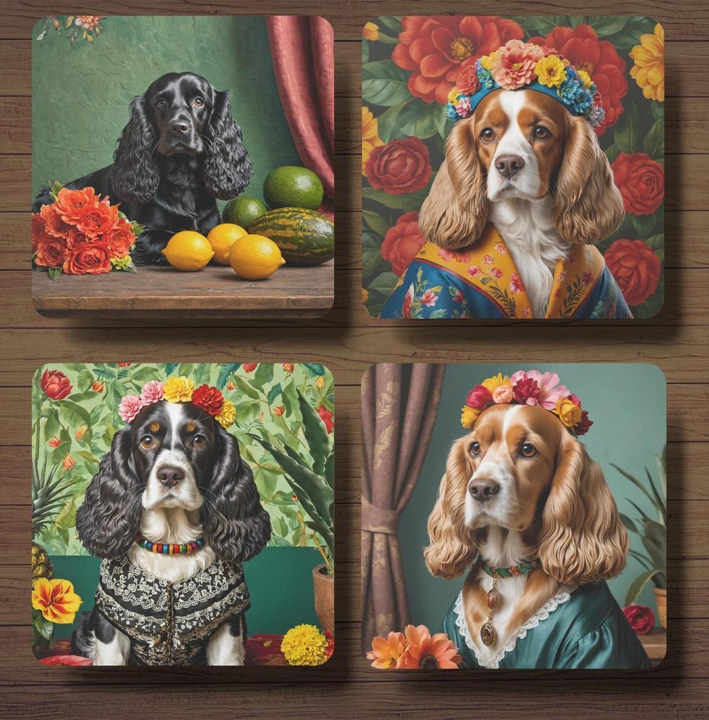 Cockerspaniël Frida Kahlo onderzetters met houder, Huis en Inrichting, Ophalen of Verzenden, Nieuw, Glas of Kopje