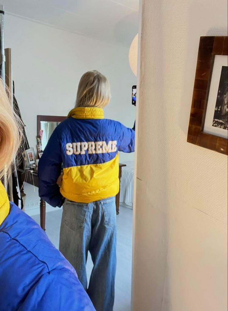 Supreme vintage puffer jacket (blauw/geel), Ophalen of Verzenden, Gedragen, Maat 38/40 (M), Blauw