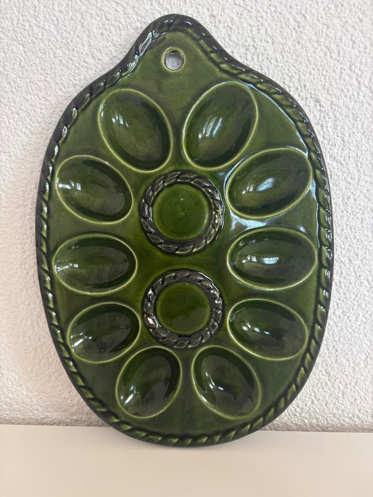 Vintage groen geglazuurde eierschaal voor 10 eieren, Gebruikt, Onbekend, Ophalen of Verzenden, Onbekend