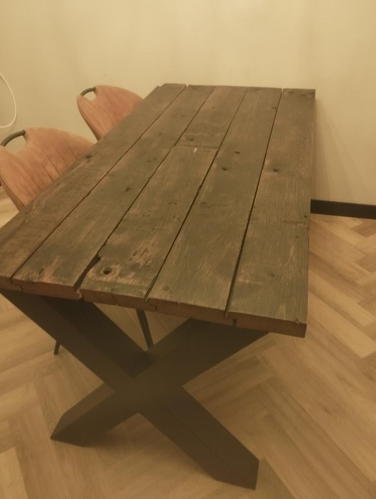 Robuuste eettafel en salontafel van wagonplanken, Gebruikt, Industrieel, Landelijk, 50 tot 100 cm, 150 tot 200 cm