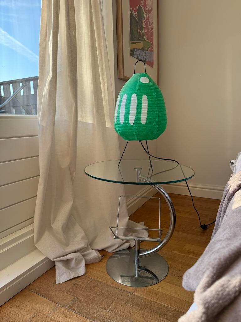 Glazen salontafel met metalen onderstel, Huis en Inrichting, Tafels | Salontafels, Ophalen, Gebruikt, Rond, 50 tot 100 cm