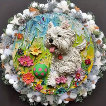 Vintage rond bord van metaal - Spelende Westie (20cm), Huis en Inrichting, Woonaccessoires | Wanddecoraties, Nieuw, Ophalen of Verzenden