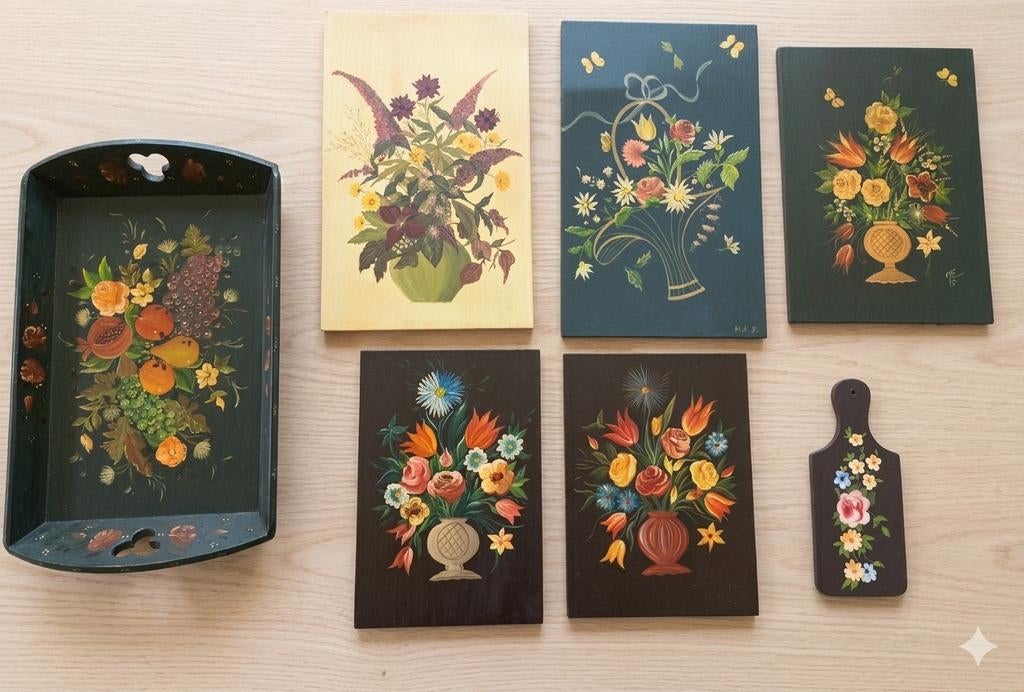 Retro, vintage handgeschilderde bloemen op planken dienblad, Ophalen of Verzenden