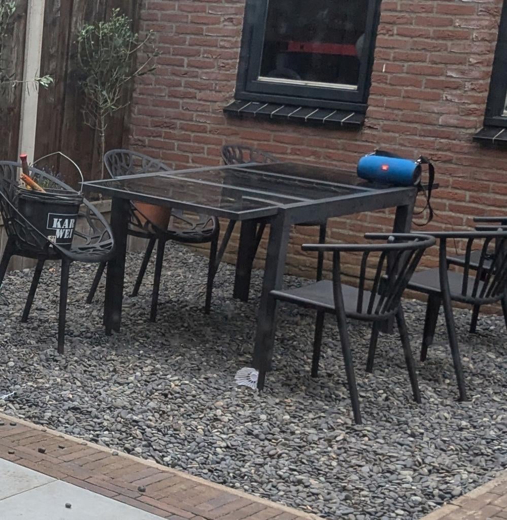 Zwarte tuinset met glazen tafel en 6 stoelen, Ophalen, Gebruikt, Rechthoekig, Metaal