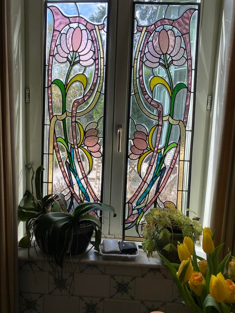 bijzonder fraai koppel glas in lood ramen, Ophalen of Verzenden