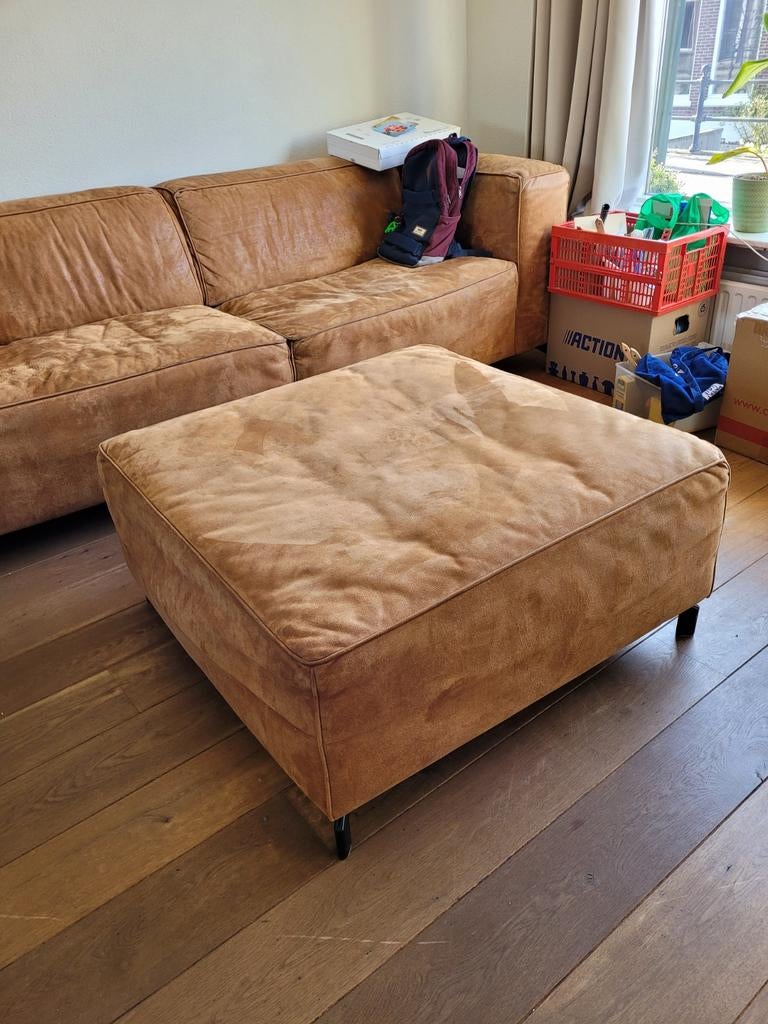 Prachtige leren/suède poef, Ophalen of Verzenden, Rond