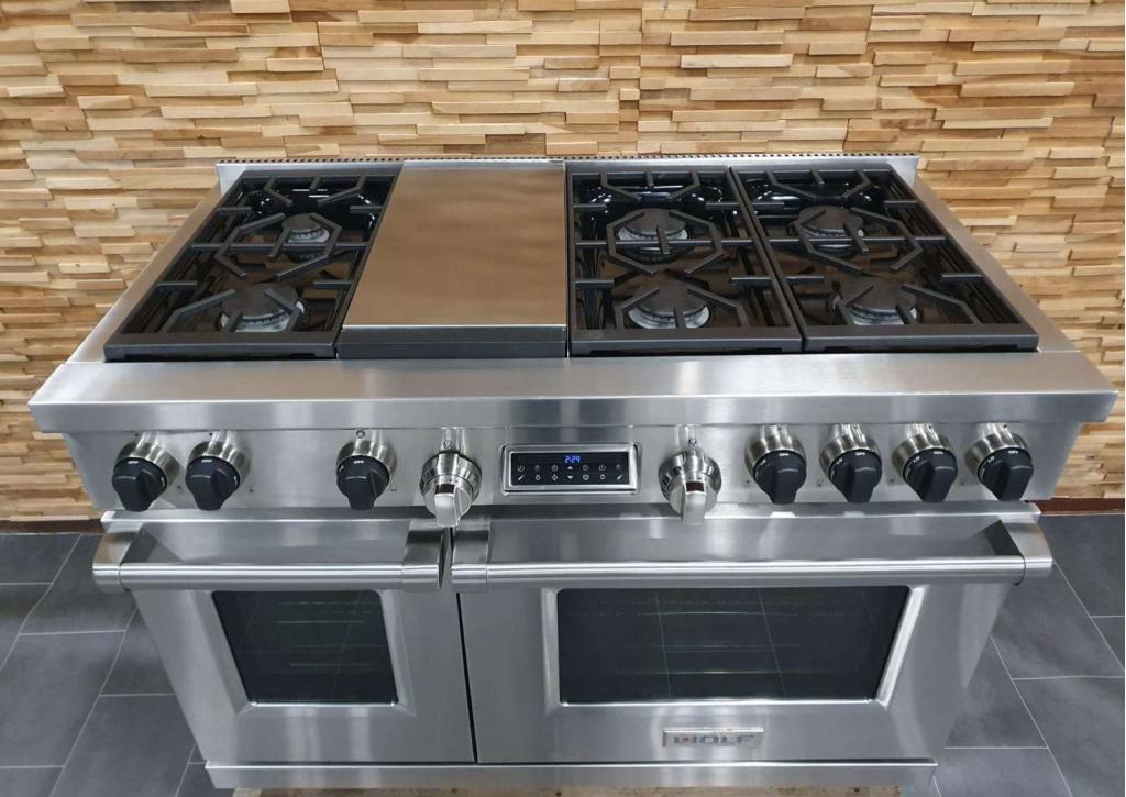 Luxe Wolf Fornuis 120cm rvs 2 elektrische ovens Teppanyaki, Witgoed en Apparatuur, Fornuizen, Zo goed als nieuw, Vrijstaand, Gas