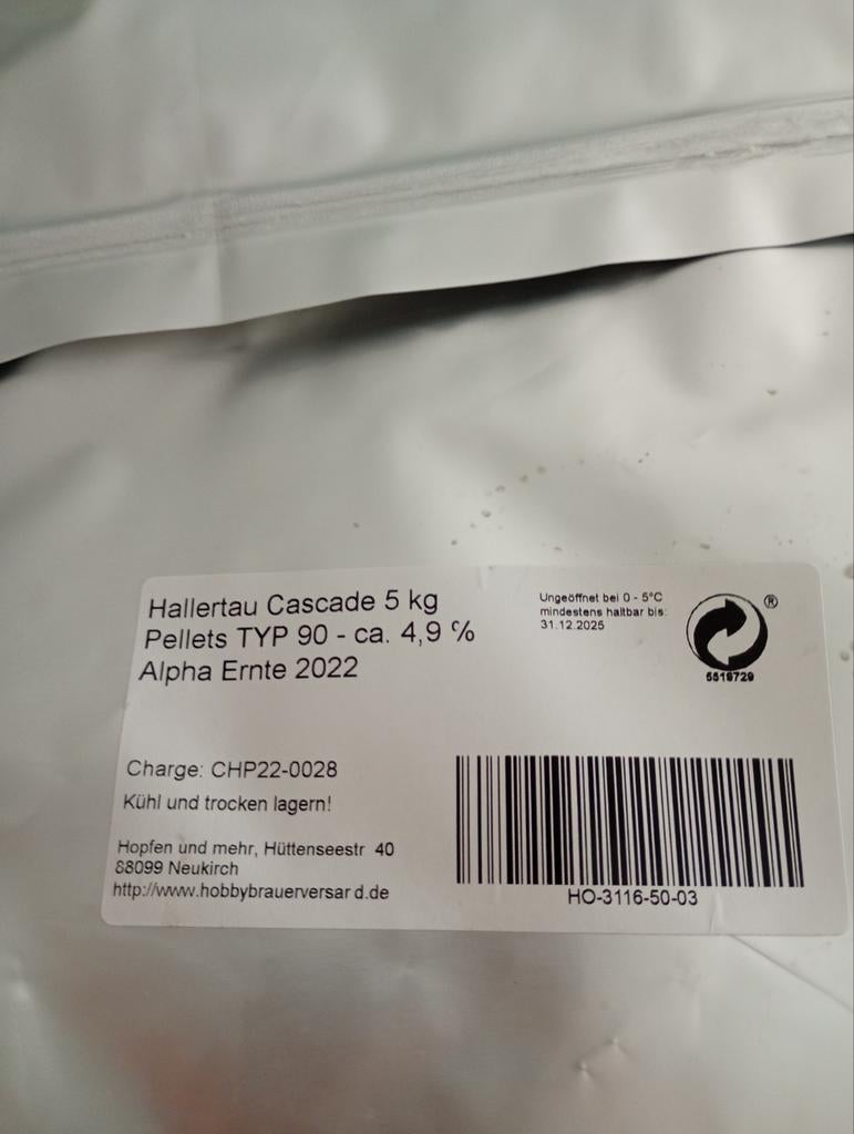 Hallertau Cascade hop pellets 5 kg bierbrouwen, Ophalen of Verzenden, Nieuw
