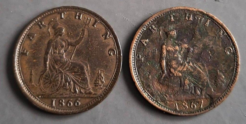 Engeland 2 x Farthing Queen Victoria 1866 + 1867, Ophalen of Verzenden, Overige landen, Setje