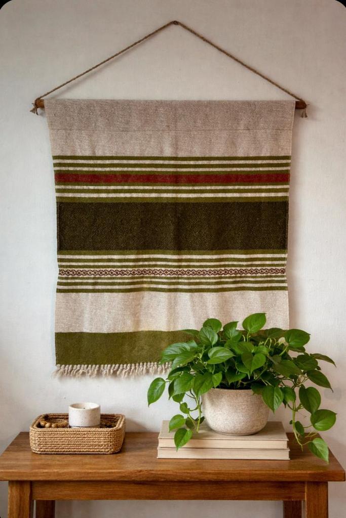 Vintage Geweven Wandkleed - Groen/Beige met Franjes, Ophalen of Verzenden, Gebruikt