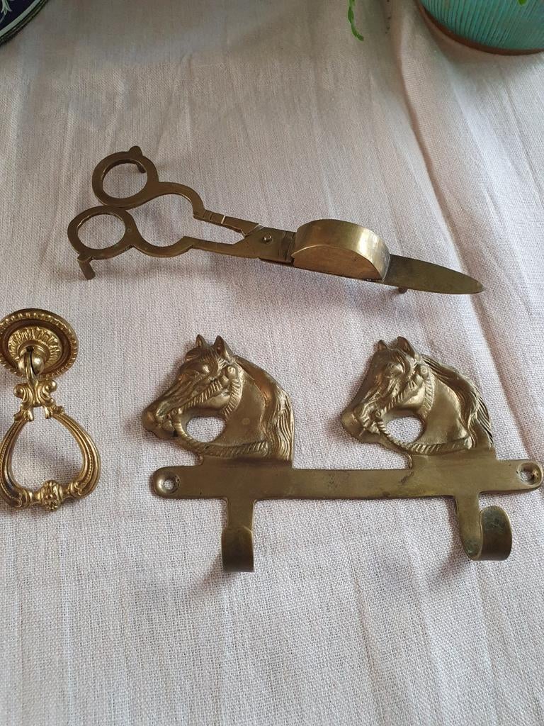 Vintage messing lontenknipper, haak en deurgreep, Ophalen of Verzenden