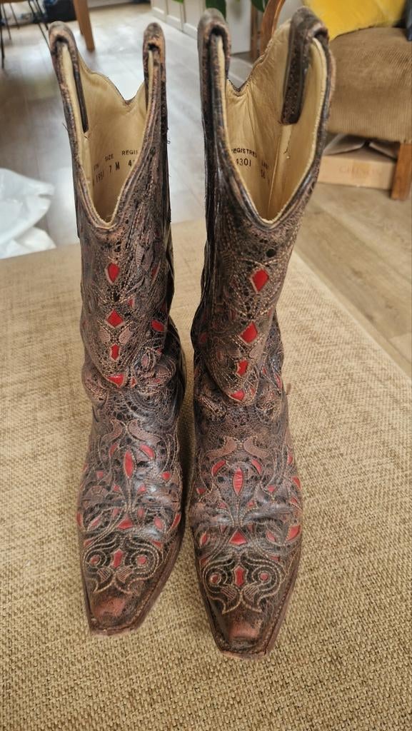 Vintage Westerse Laarzen met Bruin met Rood leer, Bruin, Lage of Enkellaarzen, Ophalen of Verzenden, Onbekend