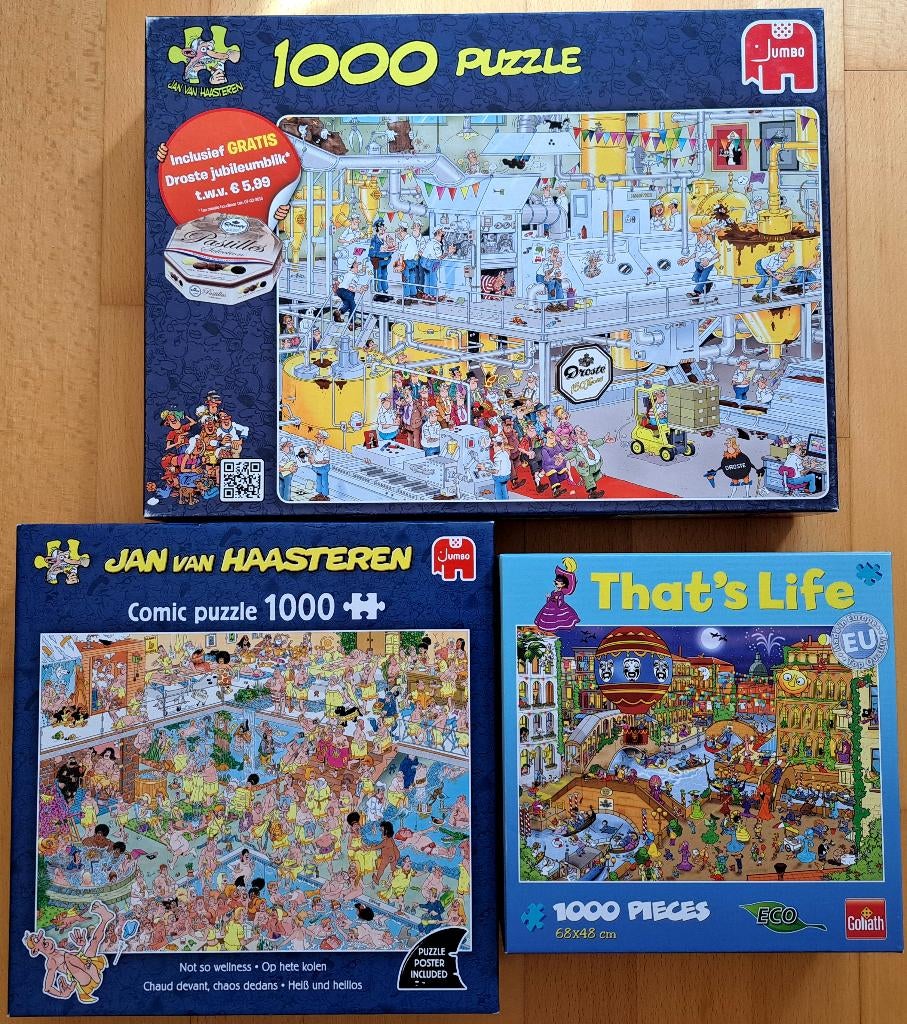 3 p. met 1000 st. o.a. "J. v. Haasteren" + "That's Life" €13, Hobby en Vrije tijd, Denksport en Puzzels, Ophalen of Verzenden