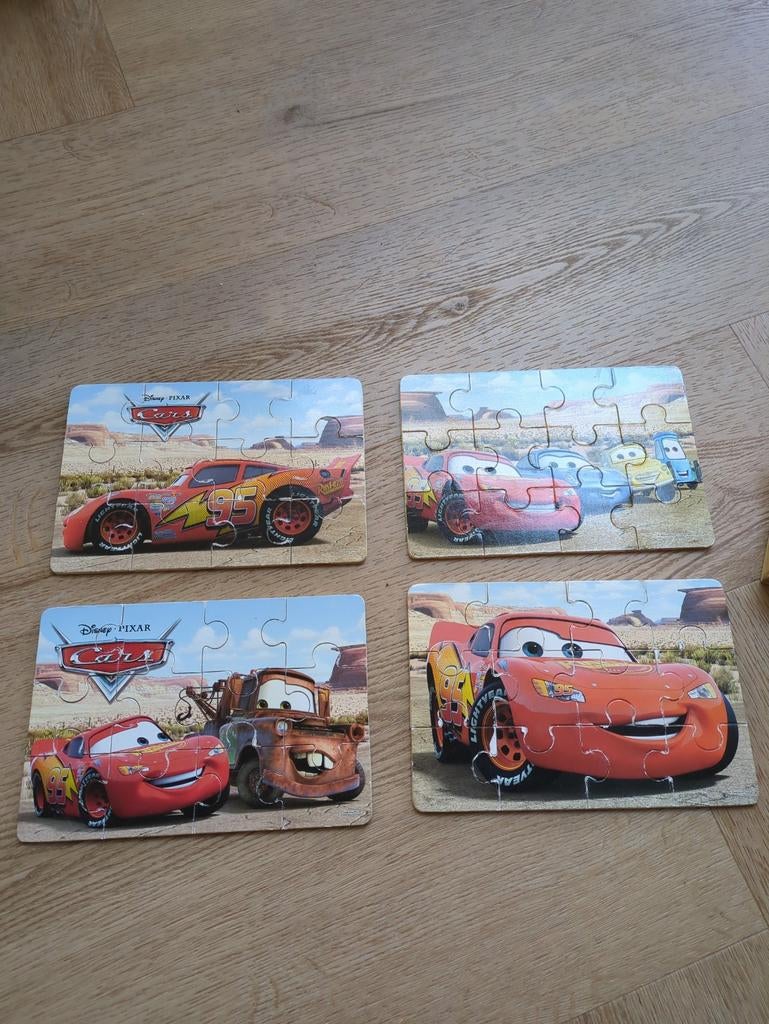 Disney Cars Puzzels in Houten Doos - 4 Stuks, 2 tot 4 jaar, Gebruikt, 10 tot 50 stukjes, Ophalen of Verzenden