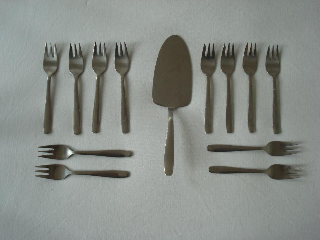 Taartschep met 12 gebaksvorkjes GERO 10 modellen, Huis en Inrichting, Keuken | Bestek, Gebruikt, Bestekset, Rvs of Chroom, Vaatwasserbestendig