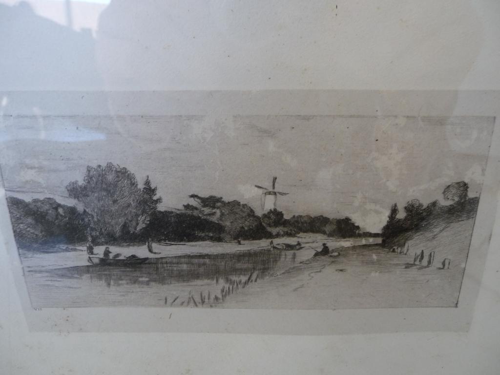 ets / gravure --LANDSCHAP MET WATERLOOP-afm.ets 10x18,5cm, Antiek en Kunst, Ophalen of Verzenden