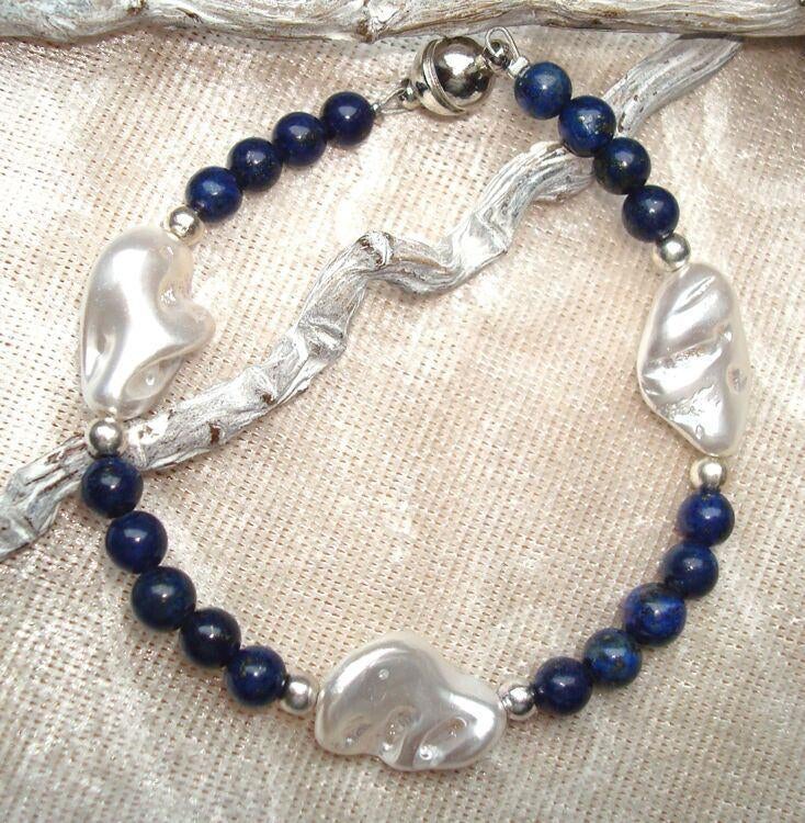Armband van lapis lazuli en parelmoer - maat naar wens, Info.adorabeads@gmail.com, Overige materialen, Adorabeads, Blauw