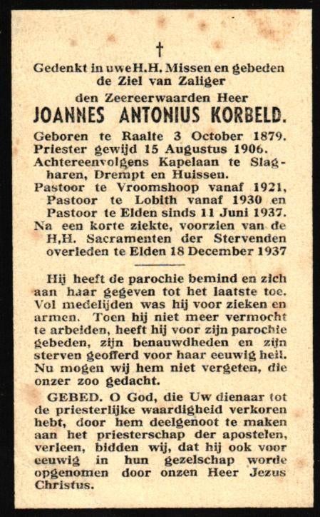 Korbeld Joannes Antonius Raalte 1879-1937 Elden, Verzamelen, Bidprentjes en Rouwkaarten, Ophalen of Verzenden
