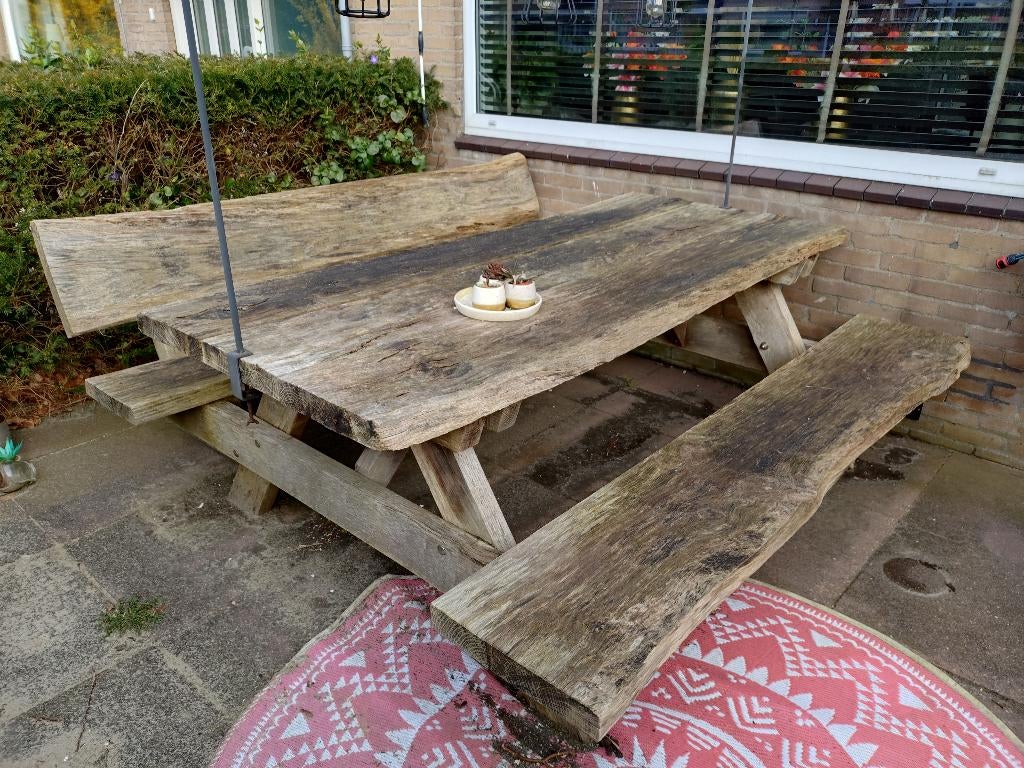 Eikenhout Picknick tafel bank tuintafel boomstam, Ophalen, Gebruikt, Rechthoekig, Hout