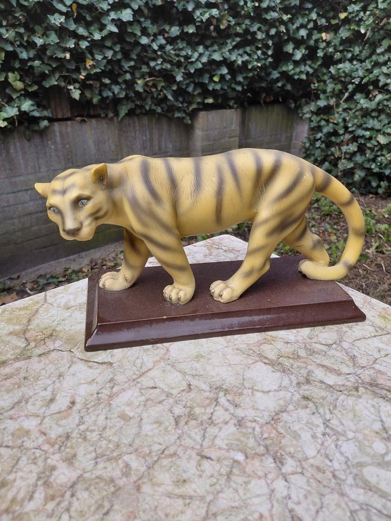 Vintage Tijger Beeldje op Sokkel - Decoratief, Verzamelen, Beelden en Beeldjes, Ophalen of Verzenden