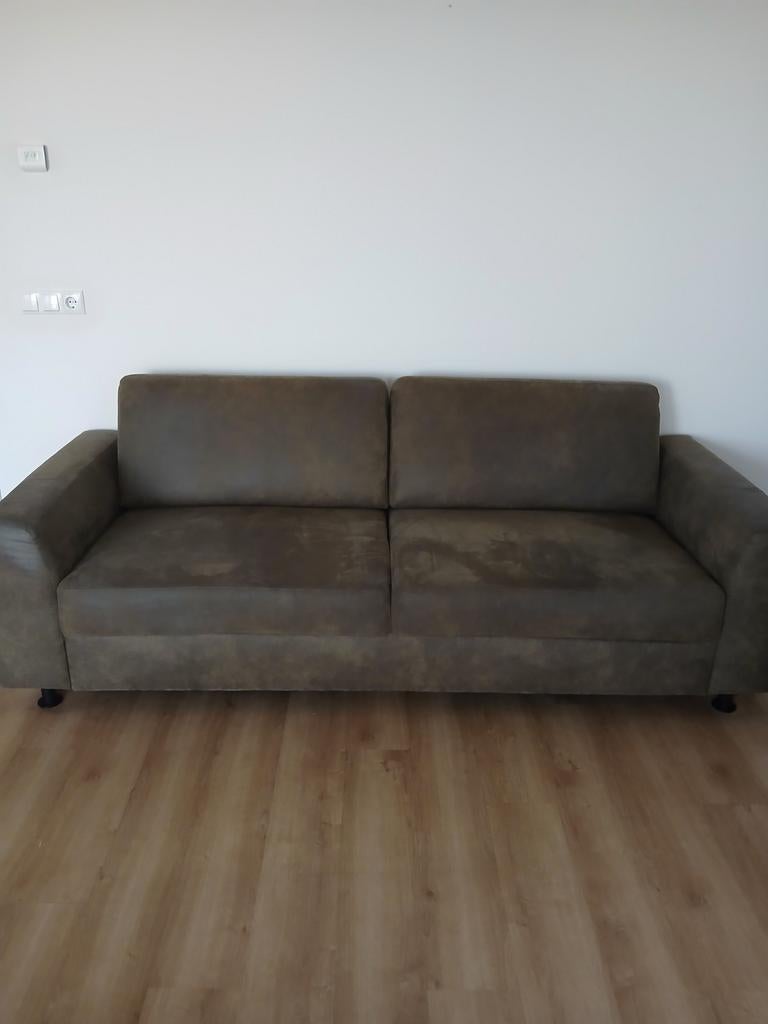 Nette groene bank + bijpassende poef, Ophalen, Gebruikt, Driepersoons, 75 tot 100 cm