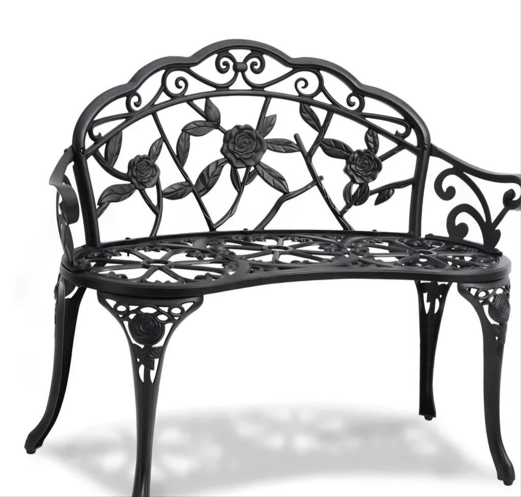 Zwart gietaluminium tuinbankje met rozenmotief, Tuin en Terras, Tuinbanken, Ophalen of Verzenden, Nieuw, Metaal