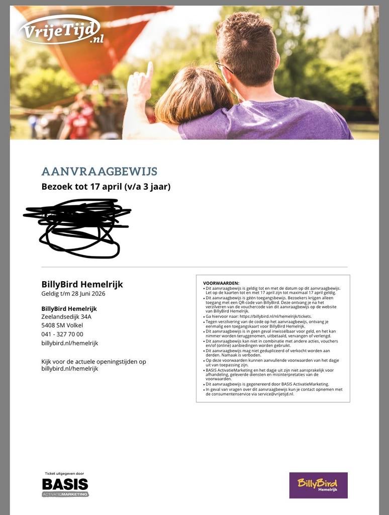 1x entree / ticket voor BillyBird, Tickets en Kaartjes, Eén persoon, Ticket of Toegangskaart