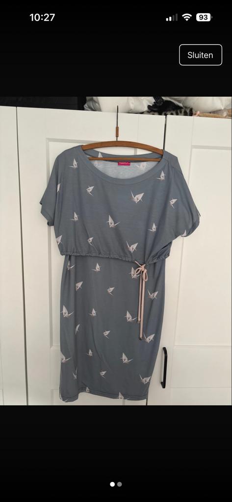 Zwangerschapsjurk met kraanvogelprint, Kleding | Dames, Jurken, Gedragen, Maat 38/40 (M), Grijs, Knielengte, Ophalen of Verzenden
