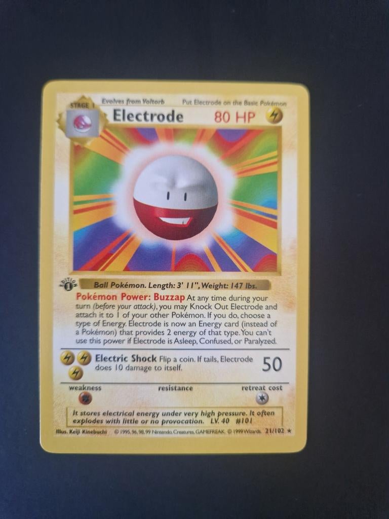 1st edition Electrode non Holo Shadowless Base.WOTC Pokémon, Ophalen of Verzenden, Zo goed als nieuw, Losse kaart