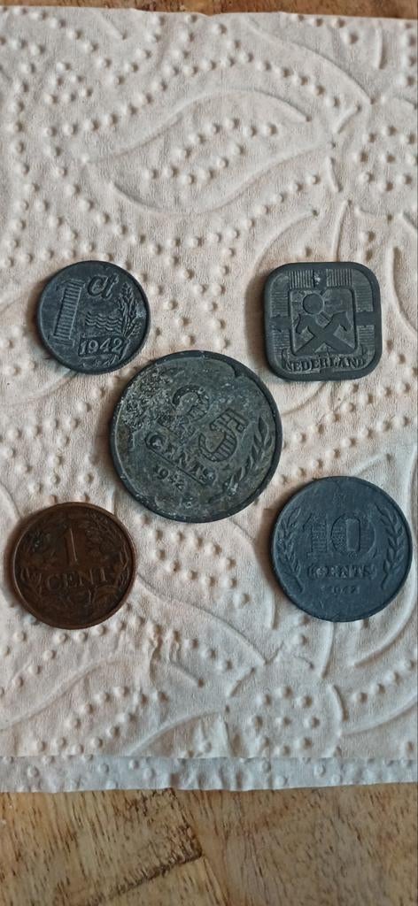 5 Oorlogs Munten 1942 - 1, 5, 10, 25 Cent, Ophalen of Verzenden, Nederland, Munten