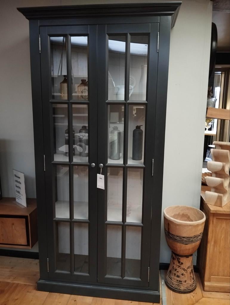Antracietgrijze vitrinekast - Nieuwstaat, Huis en Inrichting, 100 tot 150 cm, 200 cm of meer, Ophalen of Verzenden, Zo goed als nieuw