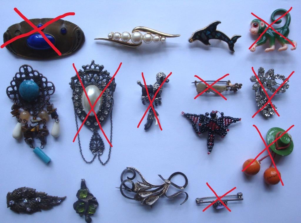 7 broches vintage, art deco, glas, halfedelstenen, plastic,, Ophalen of Verzenden, Overige materialen, Broche