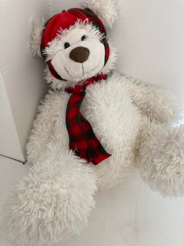 Grote witte beer met muts en sjaal, Ophalen of Verzenden, Gebruikt, Beer
