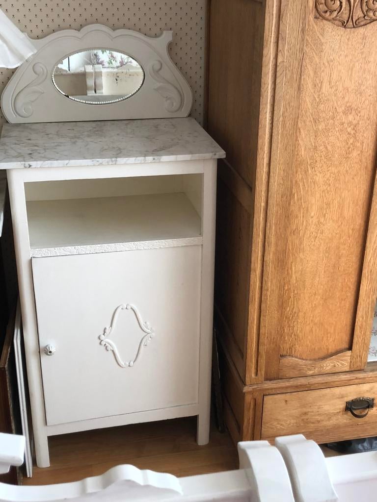 Antiek brocante kastje nachtkastje hout spiegel kuif barok, Ophalen, Zo goed als nieuw, Minder dan 45 cm