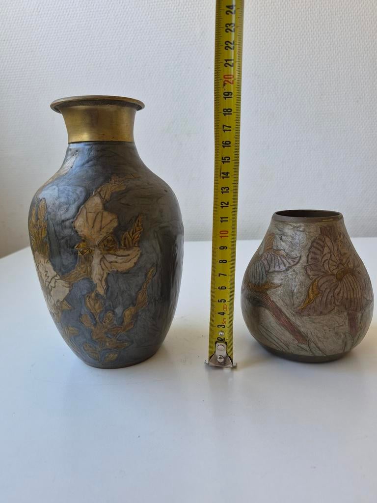 Set van 2 Vintage Cloisonné Vazen met Bloemenmotief, Ophalen of Verzenden