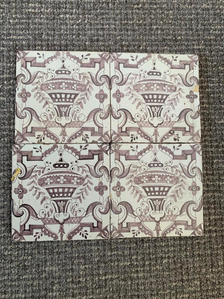 4 antieke mangaan gekleurde tegels, Verzenden