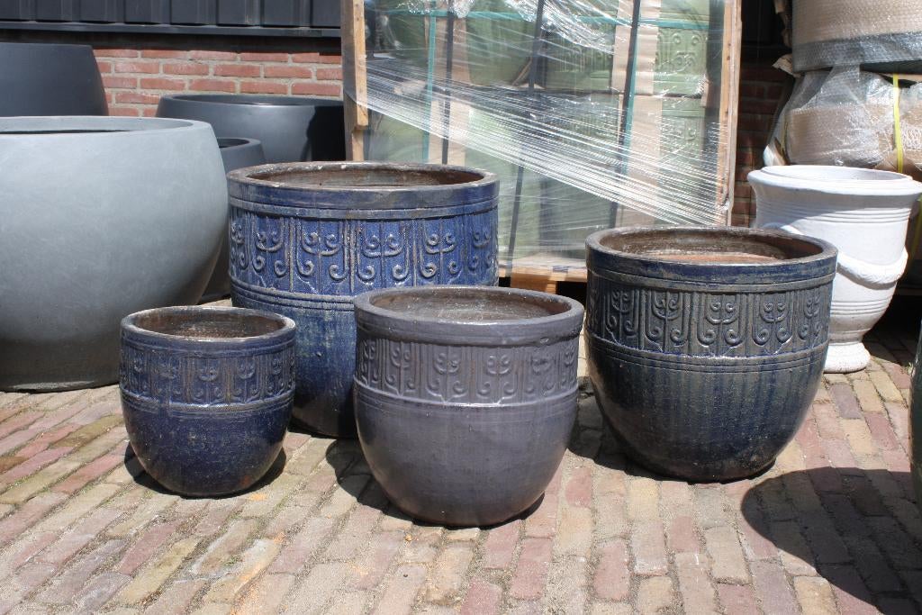 Nieuwe aardewerk bloempotten geglazuurd groen en blauw, Ophalen, 40 cm of meer, Rond, Nieuw