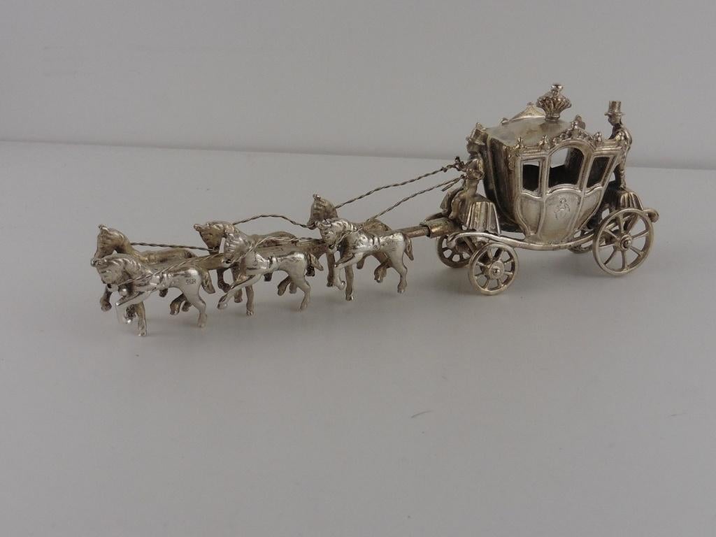 Zilveren miniatuur Gouden Koets met 6 paarden            Z67, Antiek en Kunst, Ophalen of Verzenden, Zilver