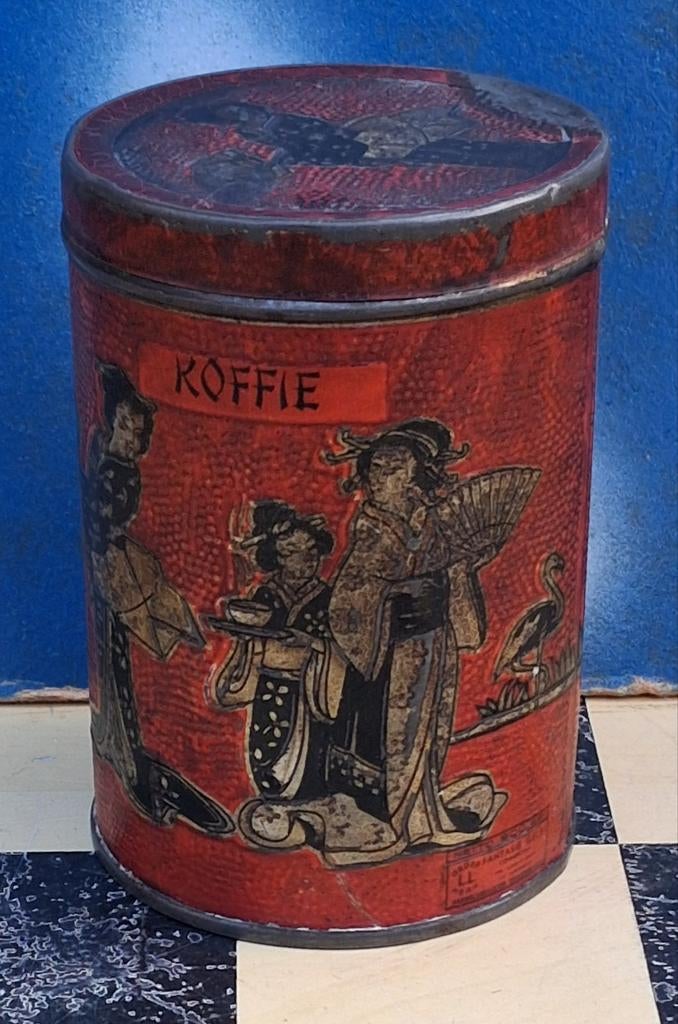 Chinees koffie blik. Voorraad blik. 900 gr. Ca 1920., Verzamelen, Blikken, Ophalen, Gebruikt, Koffie, Overige merken