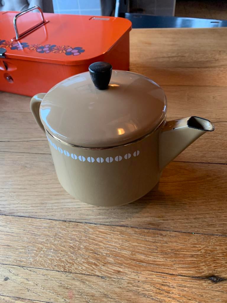 Vintage koffiekan, retro koffie- theekan, bruin beige kan,, Ophalen of Verzenden, Huis en Inrichting