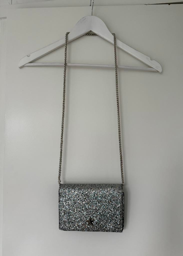 Klein zilveren glitter schoudertasje met ster en ketting, Verzenden, Zo goed als nieuw, Grijs, Schoudertasje