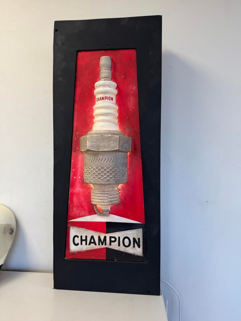 Vintage Champion Bougie Reclame Lichtbak - Garage Decoratie, Verzamelen, Ophalen, Gebruikt, ., Lichtbak of (neon) lamp