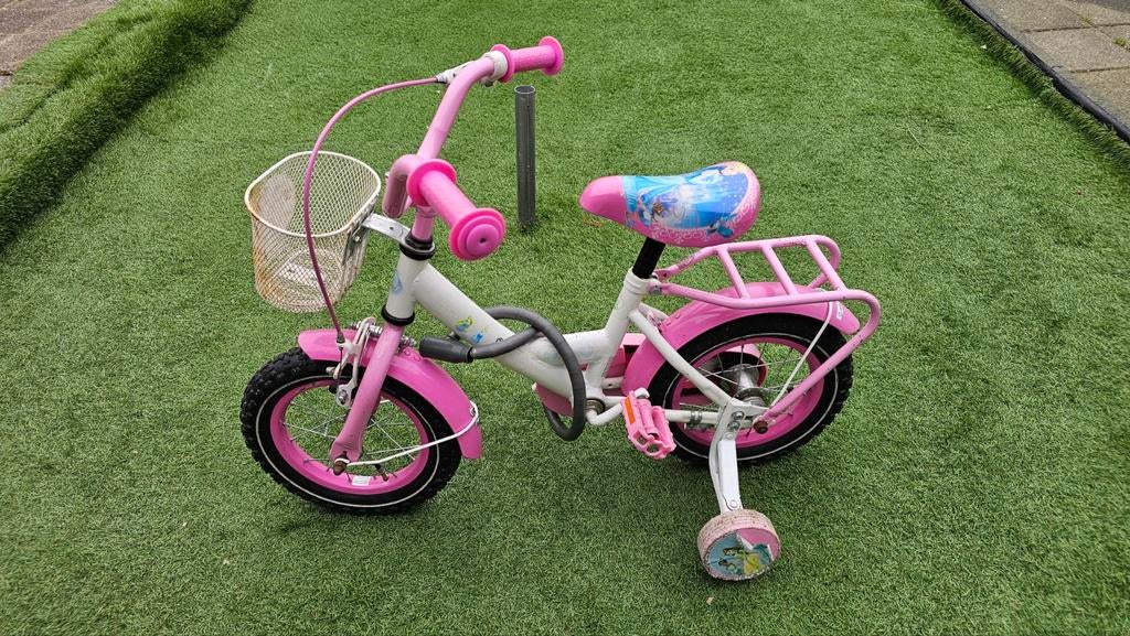 Roze kinderfiets met zijwieltjes en Disney Princess, Ophalen of Verzenden, Gebruikt, 14 inch of minder, Handrem