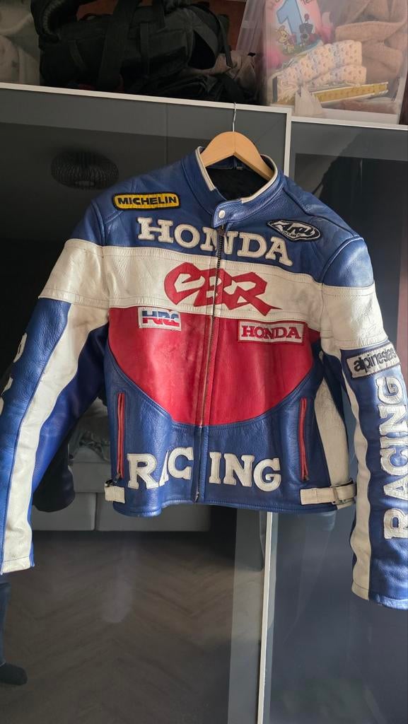 Leren motorjack Honda CBR blauw wit rood, Motoren, Ophalen, Tweedehands