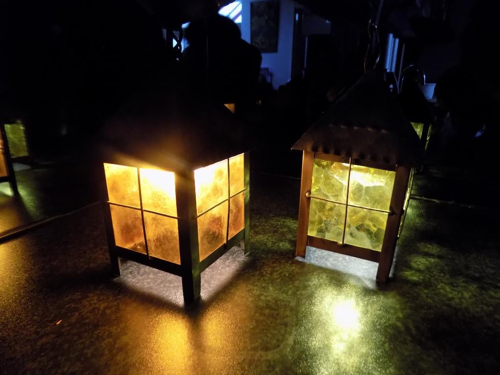 Amsterdamse school hanglamp set lantaarnmodel set van twee, Ophalen of Verzenden, Gebruikt, Glas, 75 cm of meer